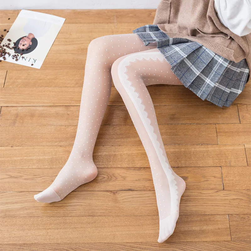 Sexy Women Tights Classic Small Polka Dot Silk Stockings Thin Lady Lace Vintage Faux Tattoo Stockings Pantyhose Elastic Hosiery