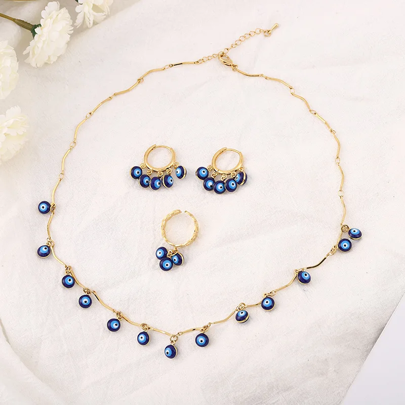 

Classic Blue Eye Necklace Earring Ring Set For Women Simple Fashion Party Wedding Anniversary Stainless Steel Jewelry Gift