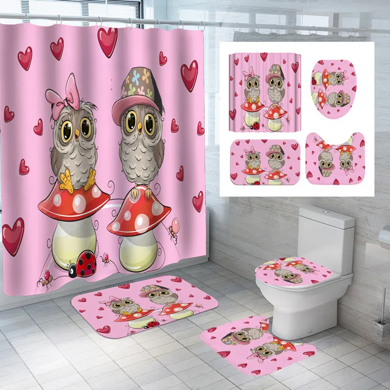 

Cartoon Owl Bath Curtain 3D Print Bath Mat Set Cute Animal Shower Curtain Waterproof Polyester Carpets Toilet Rugs Home Decor