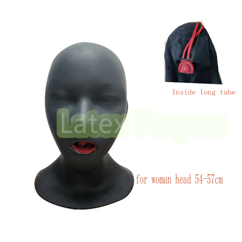 Маска из натурального латекса резиновый капюшон с кляпом для рта трубкой носа