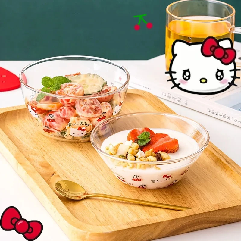 

Sanrio Kawaii Hello Kitty Bowl Cartoon Glass Salad Bowl Dessert Fruit Plate High Value Adult Home Rice Bowl Cute Tableware