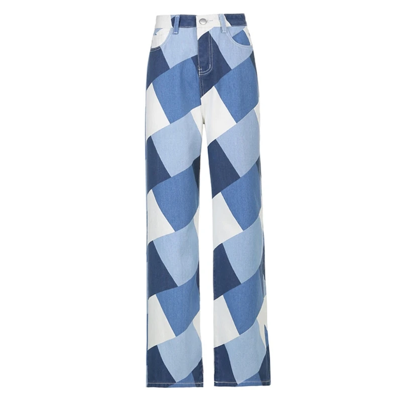 

Women High Waist Wide Leg Baggy Jeans Vintage Contrast Color Argyle Plaid Print Denim Pants Harajuku Straight Trousers