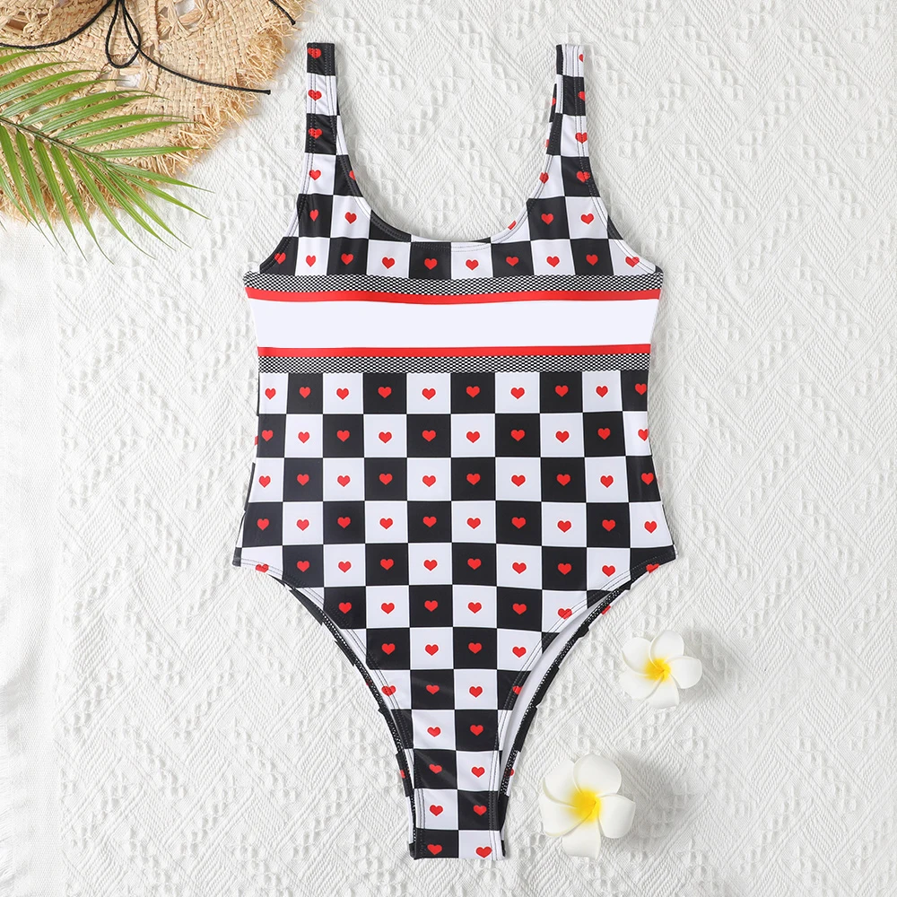 

Black and White Check Heart Bikini Swimsuit Sexy Push Ups Unpadded Brazilian Bikini Ladies Bandage Triangle