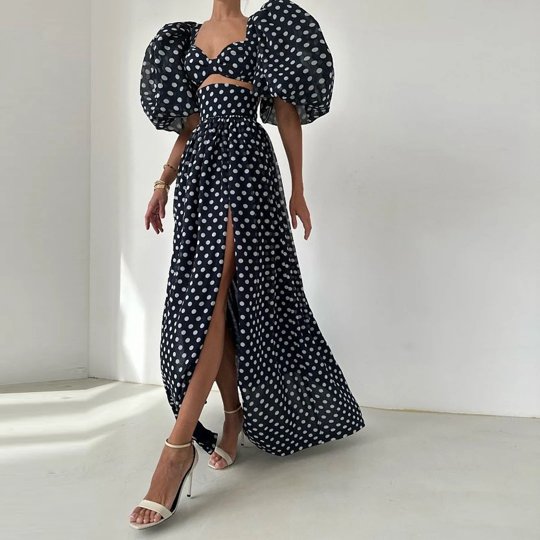 Fashion Black Polka Dot A Line Dress Women High Waist Summer Maxi Dresses 2023 Puffy Sleeve Loose Casual Long Dress Lady Robes