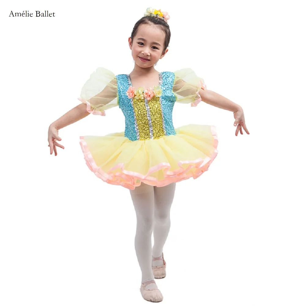 

16014 Chiffon Puff Sleeves Sequin Spandex Bodice Ballet Tutu Girls Stage Performance Ballet Costume Ballerina Tutu