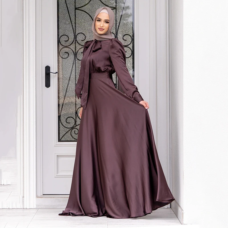 Ramadan Muslim Satin Maxi Dress Long Sleeve Hijab Women 2022 Solid Color Abaya Dubai Islam With Belt Traditional Arabic Dress