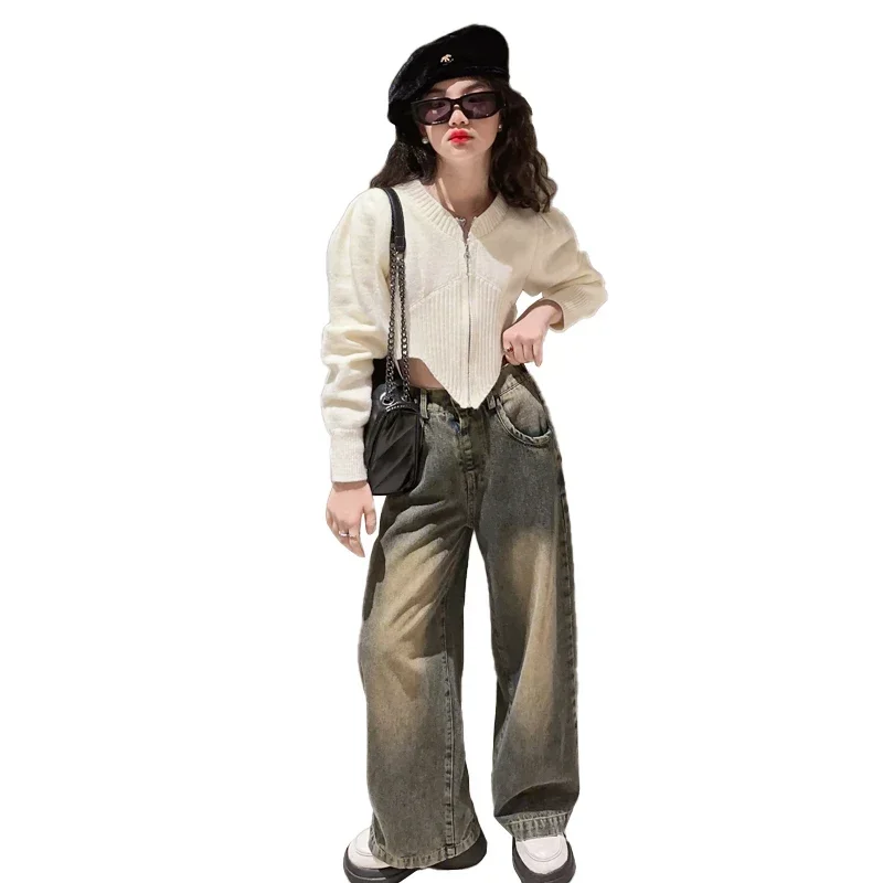 2 шт. детский джинсовый костюм с пузырьковым рукавом на Возраст 4-14 лет