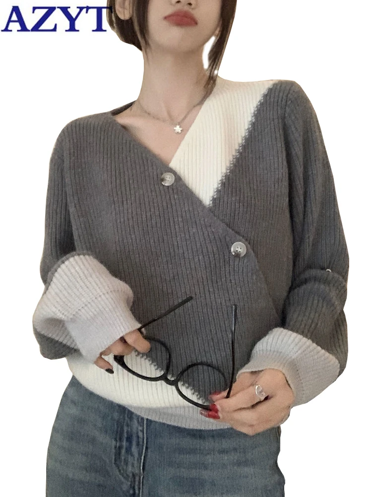 

AZYT Panelled Color V Neck Woman's Sweater Pullovers Casual Buttons Knitted Cardigans Female 2023 Spring Soft Knit Jumper Tops