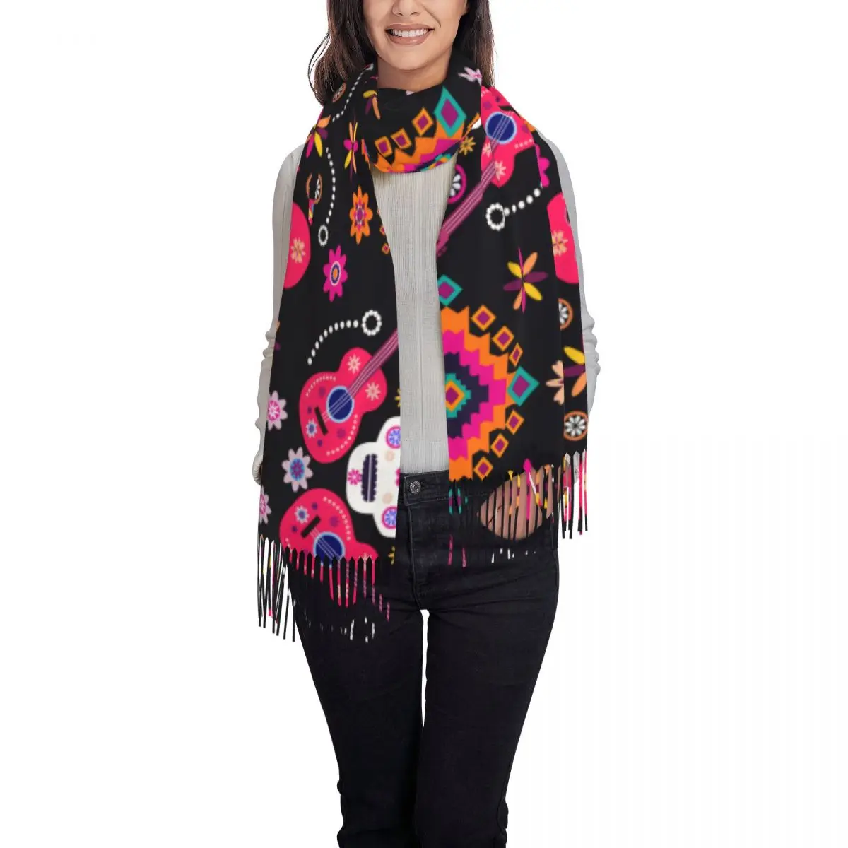 

Women Scarf Mexican Sugar Skulls And Flowers Winter Shawls Thin Wrap Lady Tassel Warm Scarves Hairy Bufanda Stole