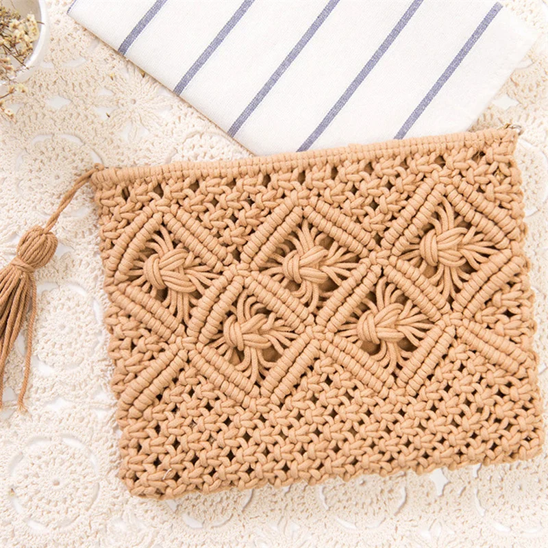

Retro Women Purse Crossbody Bag Woven Tassel Clutch Bag For Female Summer Crochet Braided Simple Shoulder Beach Bags