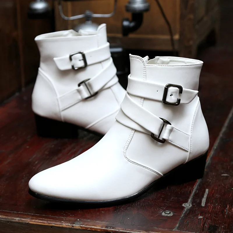 

Spring Simple Style Man White Elegant Shoes Big Size 47 High-top Dress Shoes Men Point Toe Leather High Heel Shoes for Men Boots