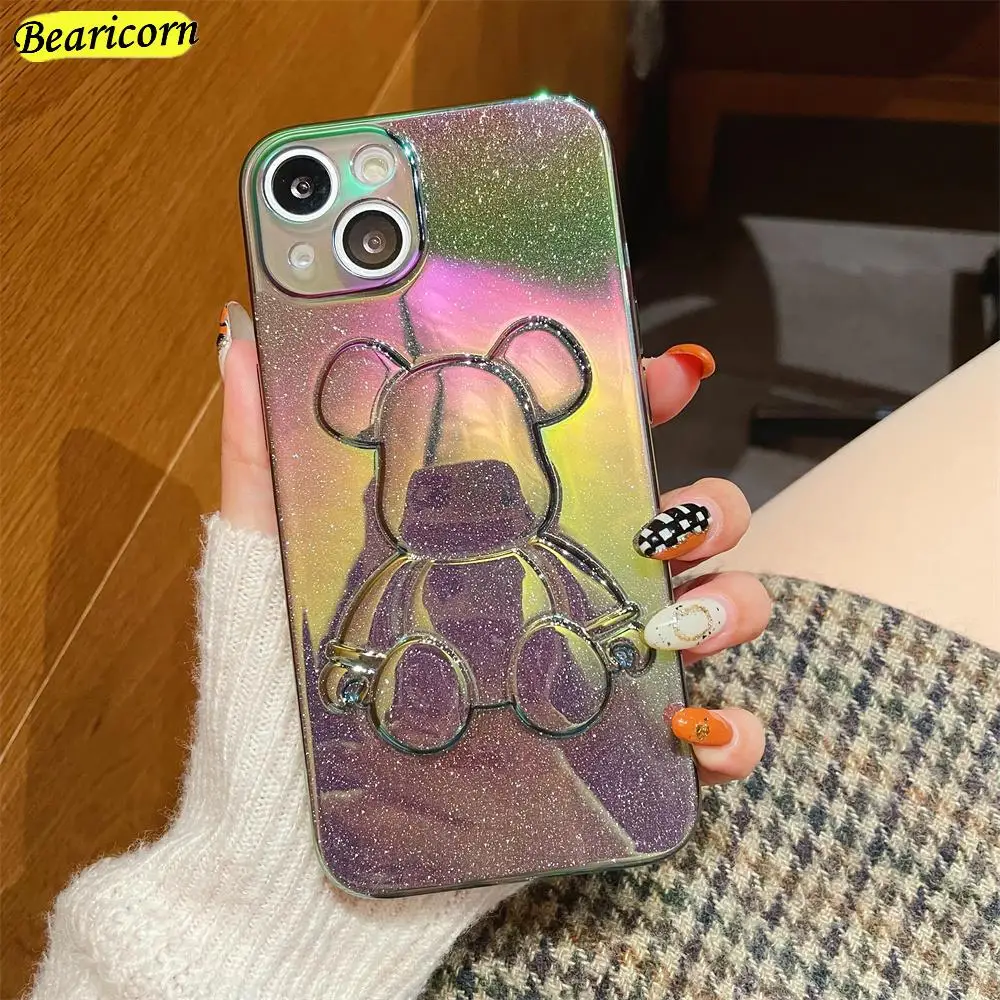 

3D Glitter Gradient Cute Bear Phone Case For iPhone 13 12 11 Pro Max Rainbow Cases Soft silicone Lens Protection back Cover