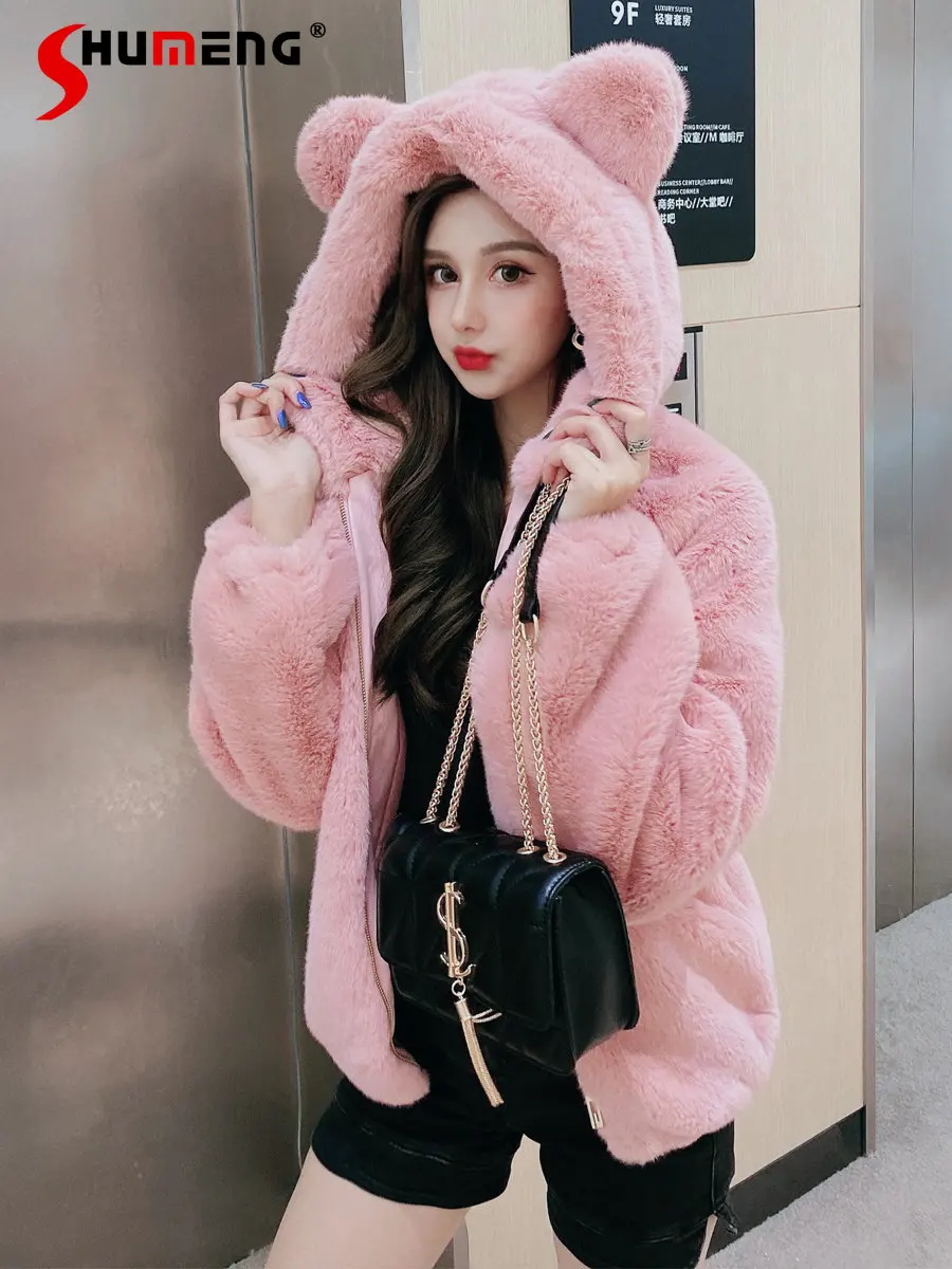 High-Grade Pink Lamb Fur Coat Women Autumn Winter Cute Bear Ear Hooded Imitate Rex Rabbit Fur Plush Coats Thickened Warm Jacket