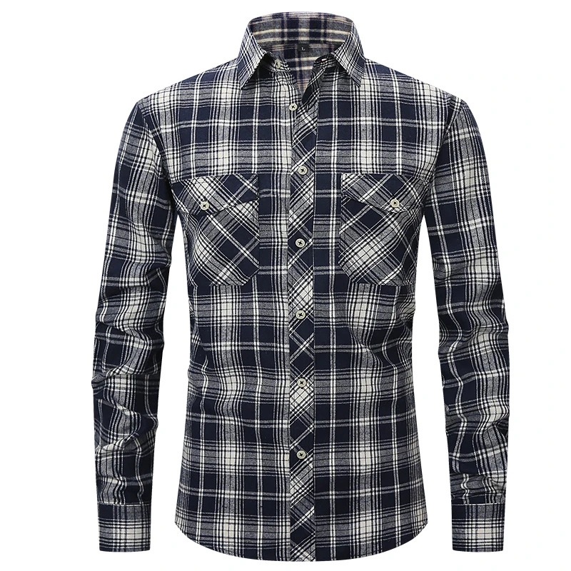 Double Pocket Flannel Men Plaid Shirts Long Sleeve Elegant Shirts for Men Brand Luxury Social Checkered Button Shirts Chemises