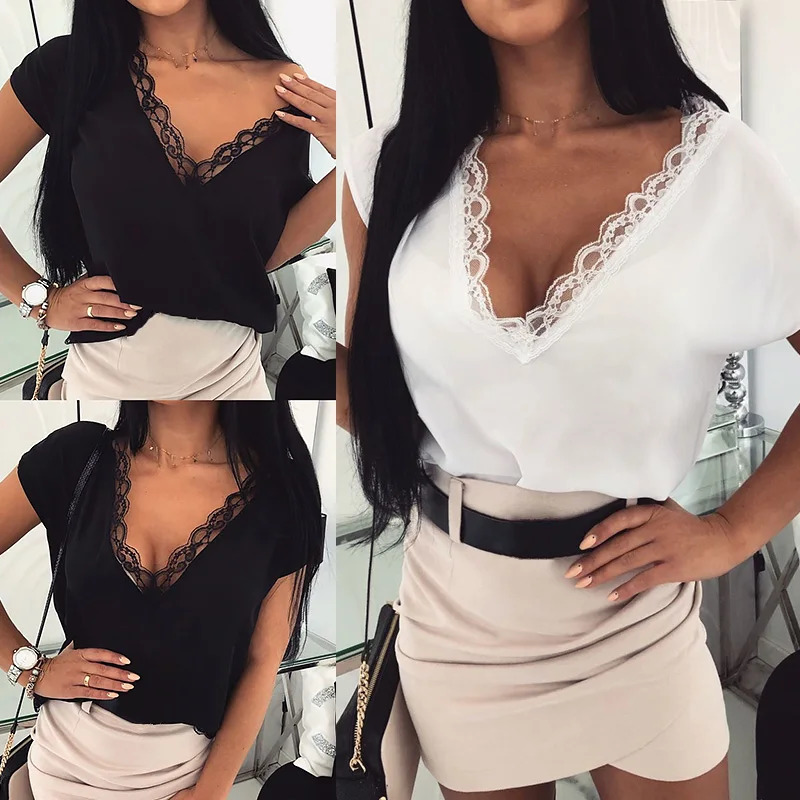 

New Sexy Loose Women T-shirt V-neck Low Cut Lace Tops Summer Elegant Short Sleeve Black White Color Female Clothes Poleras Mujer