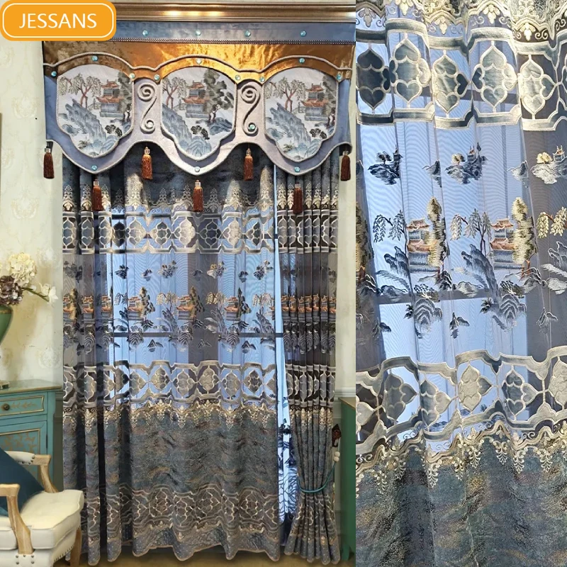 

New Chinese High-end Blue Gray Hollow Out Embroidery Chenille Living Room Embroidered Curtain Balcony Study Floor Screen Curtain
