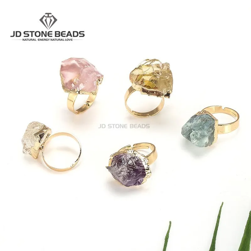 

Gemstone Factory Natural Raw Gemstone Pink Crystal Amethyst Citrine Fluorite Resizable Ring Energy Jewelry For Women One Piece