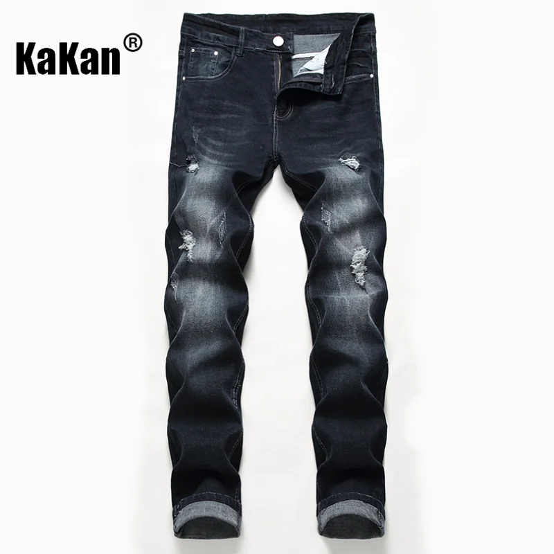 Kakan - New European and American distressed jeans for men's wear, worn out high street trend straight leg long jeans K36-995