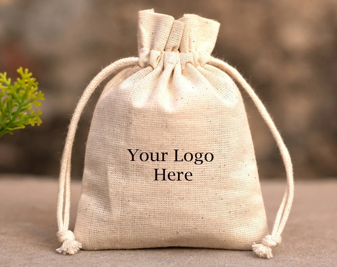 

20 Pcs Natural Cotton Custom Jewelry Packaging Pouch Bags, Personalized Bags With Logo - Free Shipping
