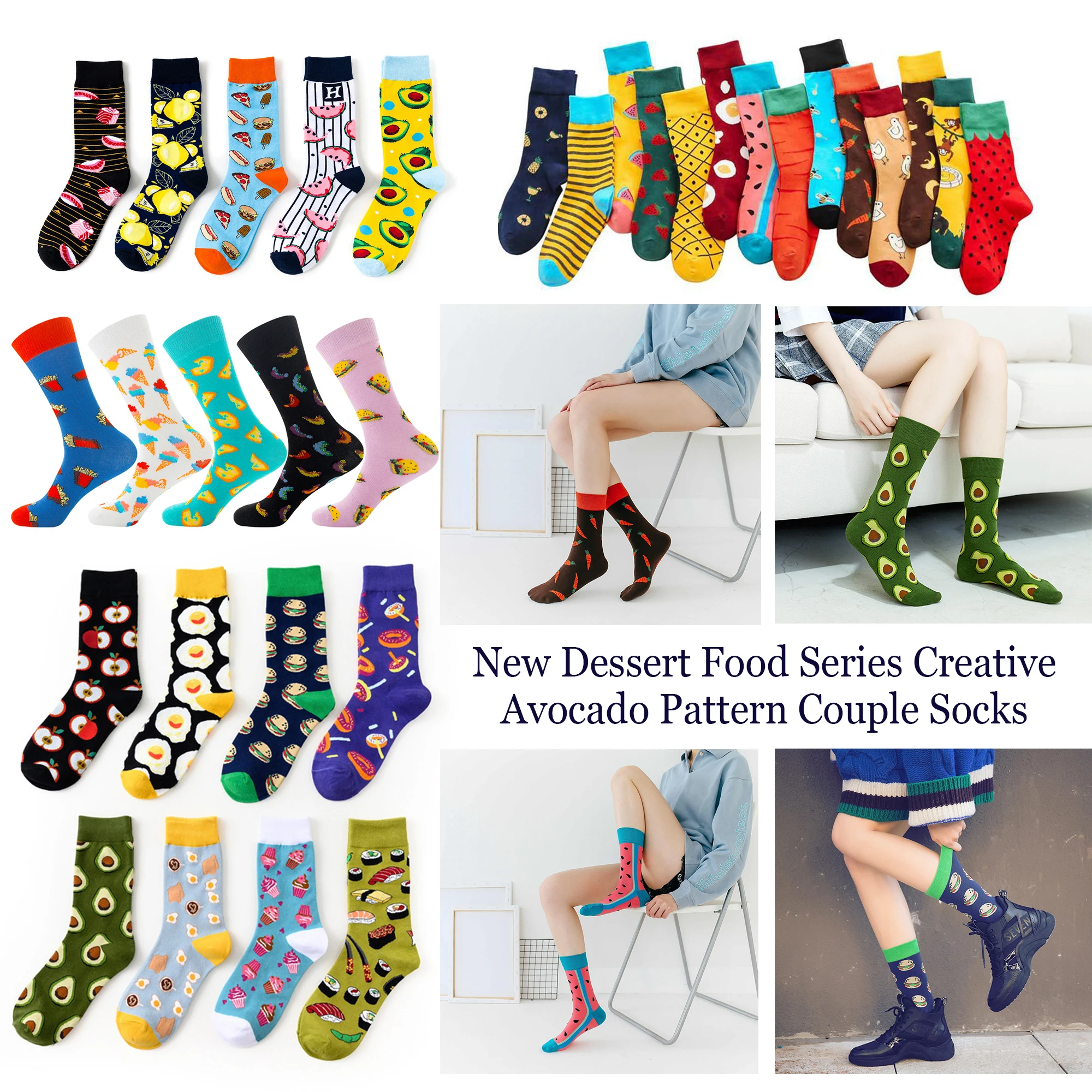 

Women Happy Funny Socks With Print Art Cute Winter Socks With Avocado Sushi Food Cotton Fashion Harajuku Socks inscriptions