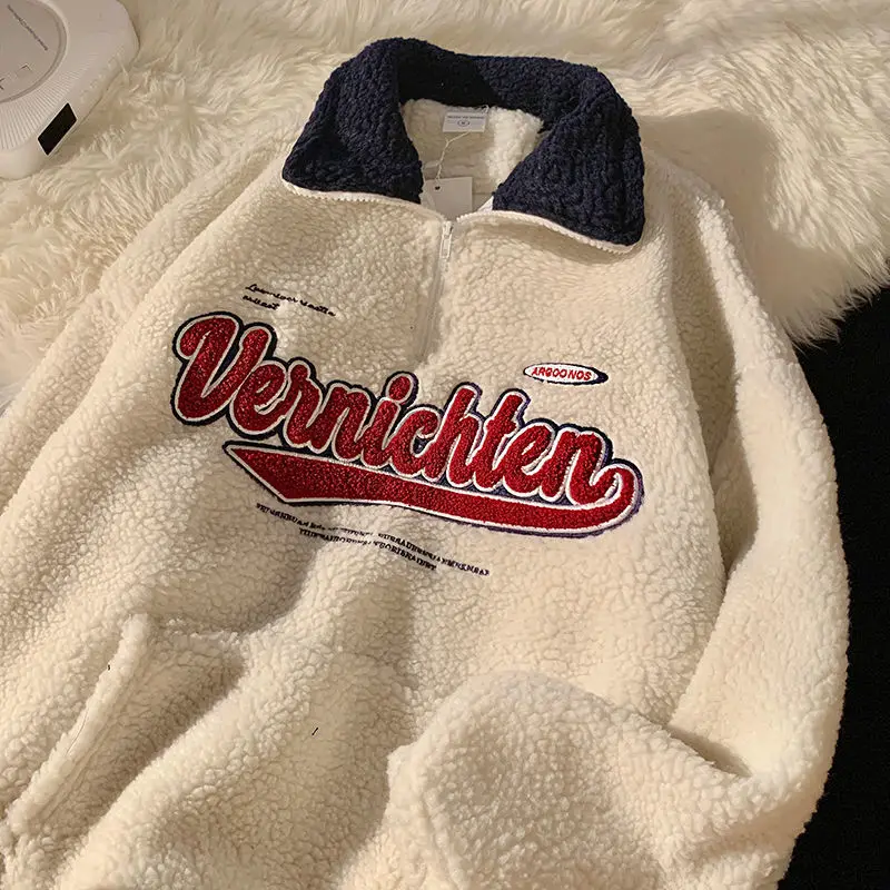 Vintage Letter Embroidery Sweatshirts Women Harajuku V-neck Long Sleeve Pullovers Winter Warm Lambswool Oversize Baseball Tops
