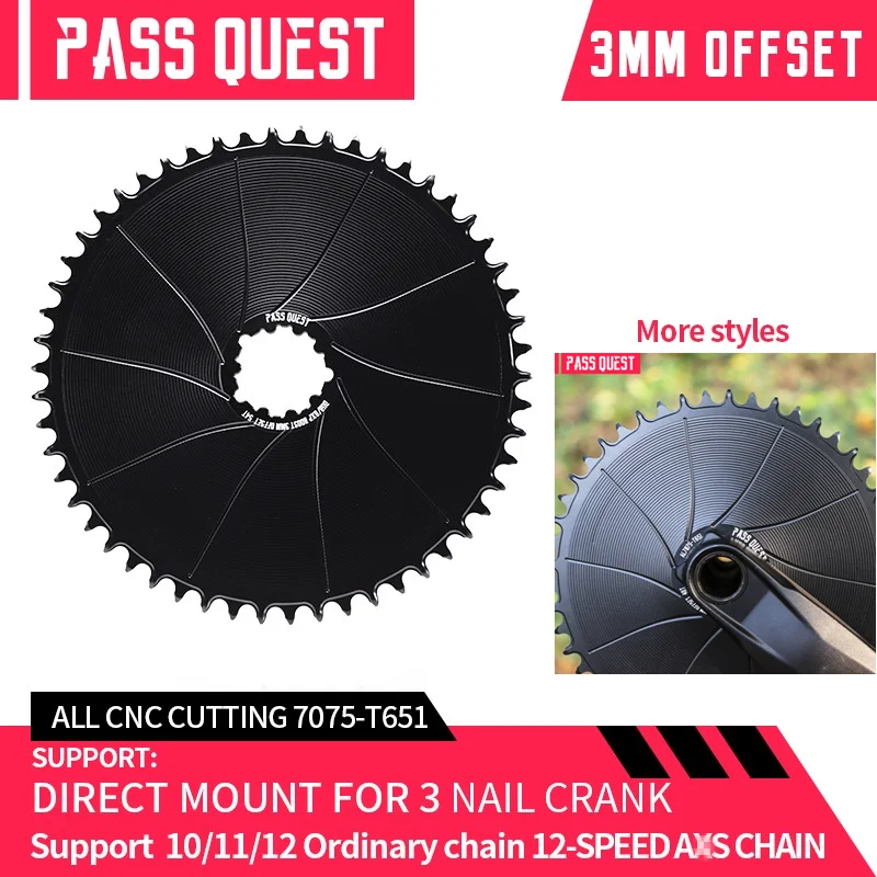 PASS QUEST 3mm Offset Bicycle Chainring 36T-54T For GXP/DUB Direct Mount Chainwheel Narrow Wide Teeth Closed disc 12 Speed Chain