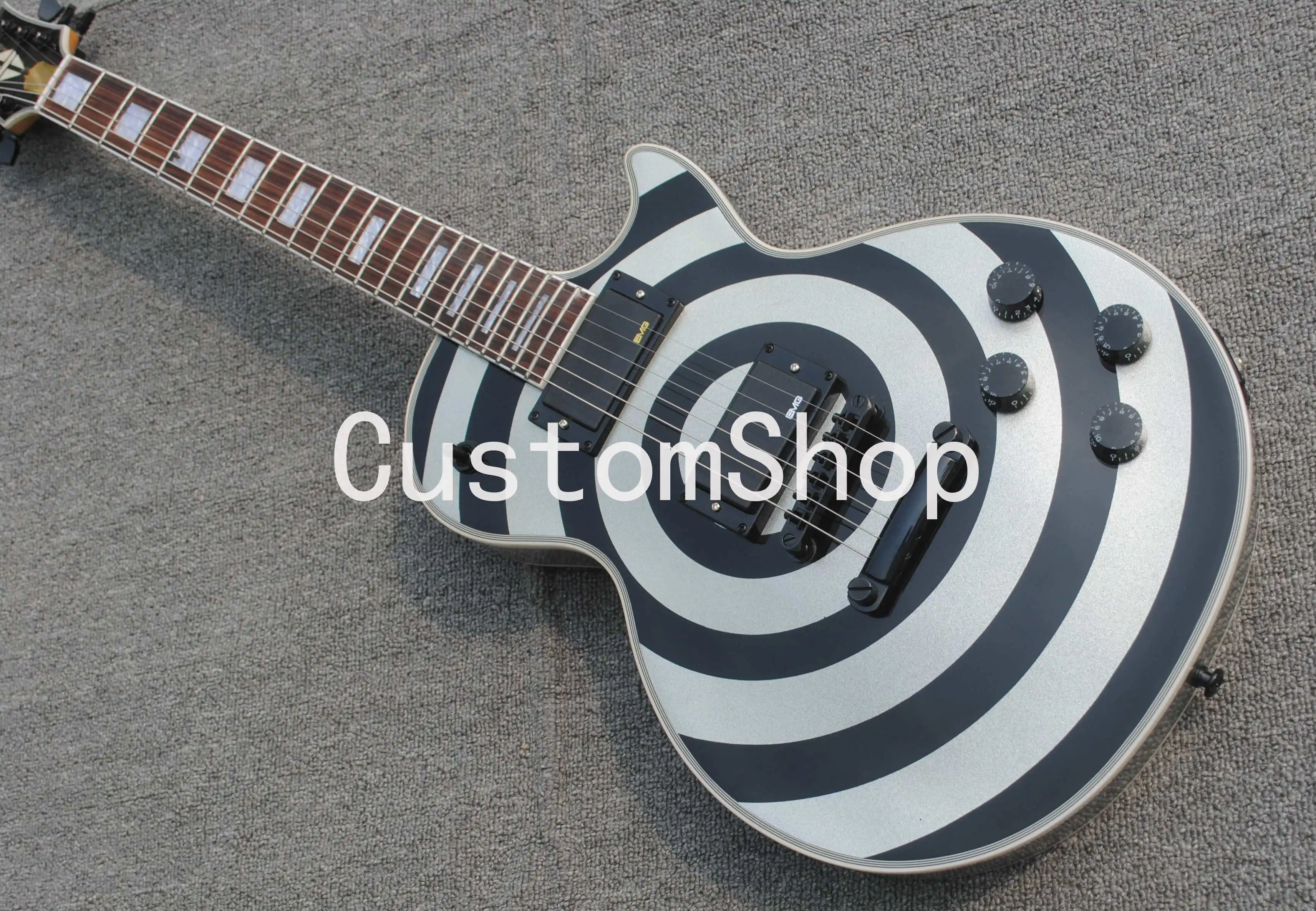 

Zakk Wylde bullseye Metallic Silver & Black Electric Guitar White Block Pearl Inlay, Copy EMG Passive Pickups, Black Hardware