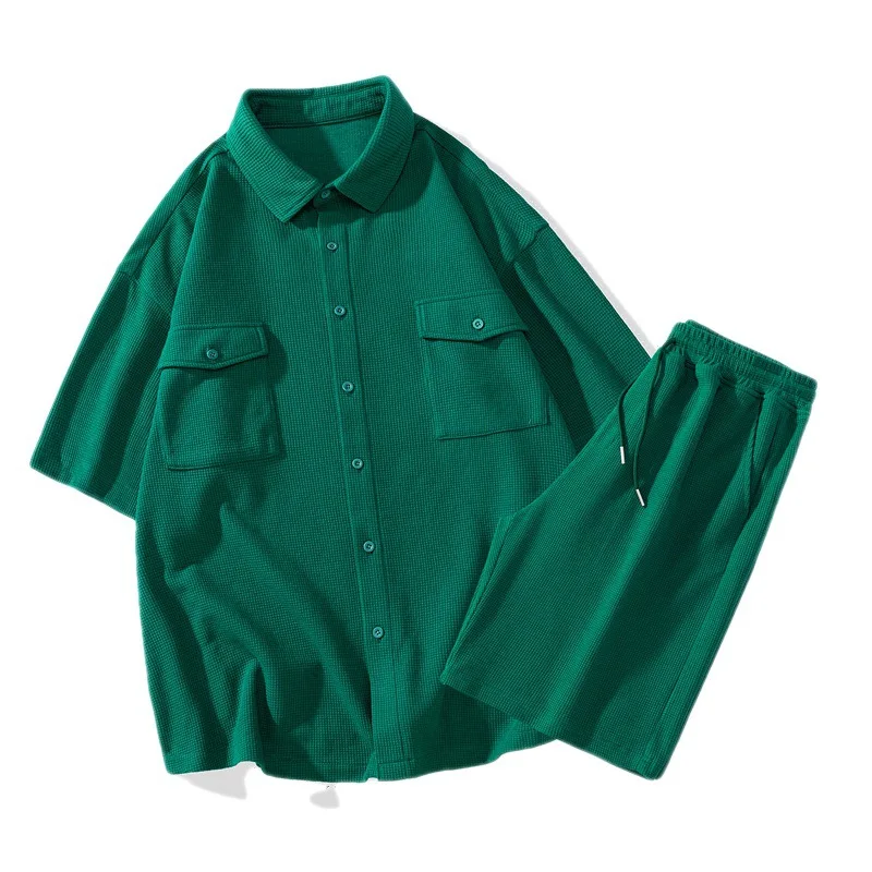 Summer green short-sleeved shirt suit men's trend casual shirt 2023 new tide brand plankton men's two-piece set
