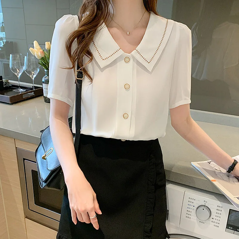 Летние шифоновые рубашки с кукольным воротником и короткими рукавами женская