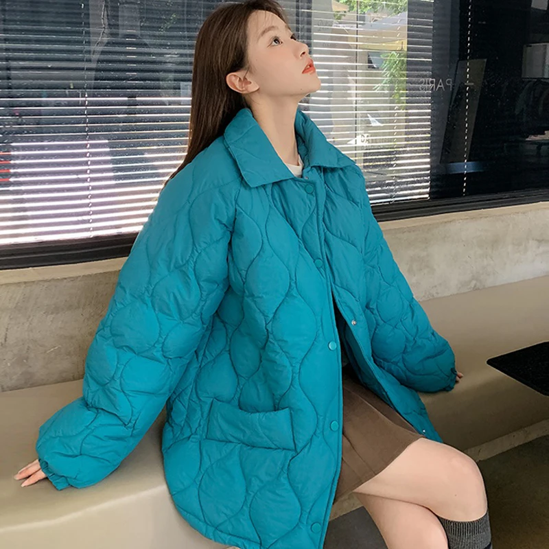 Winter Women's 2022 Down Cotton Jacket Ladies Korean Version Loose Spring and Autumn New Long Sleeve Rhombus Wave Warm Parka