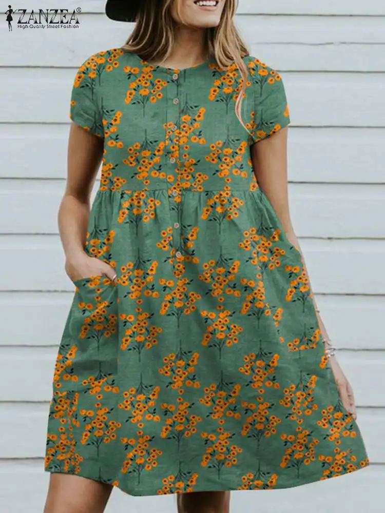 

2022 ZANZEA винтажное женское летнее праздничное пляжное платье с коротким рукавом, сарафан с цветочным принтом, женское платье, повседневное и ...