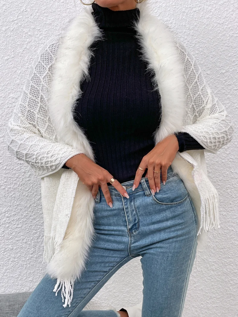 Europe and the United States 2022 autumn and winter new light luxury senior fur collar tassel elegant shawl sweater jacket