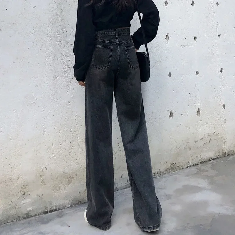 Черно-серые джинсы с завышенной талией женские осенне-зимние прямые свободные