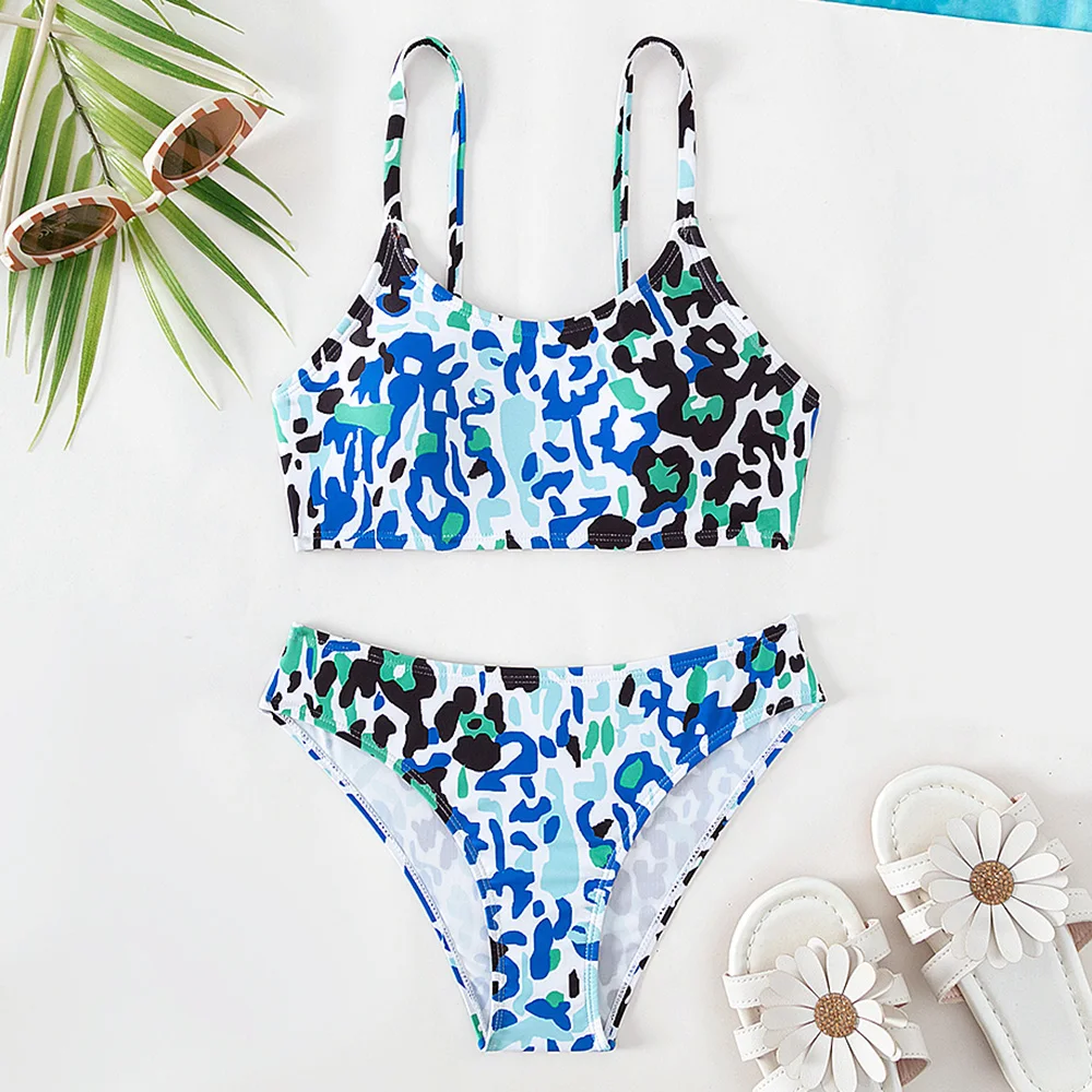 

Girl Cow Print Girl Swimsuit Kids Sport Two Piece Children's Swimwear 7-14 Years Teen Bikini Set Padded Bathing Suit Beachwear