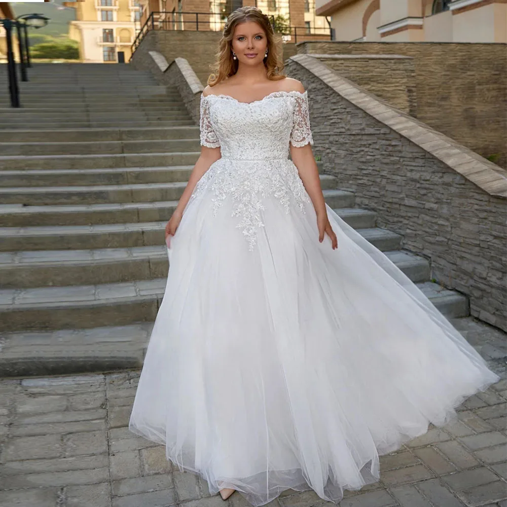 

Ivory Off-Shoulder Plus Size Wedding Dresses for Bride Sweep Train A-Line Short Sleeve Lace Up Back Vestido De Novia 2023 Boda