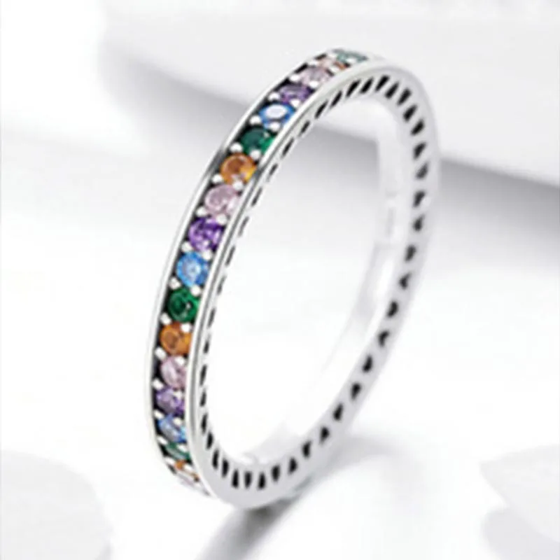 

Copper Inlaid Zircon Full Inlaid Colorful Zircon Rainbow Ring Simple and Niche Design Sense Single Row Simple Ring Wholesale
