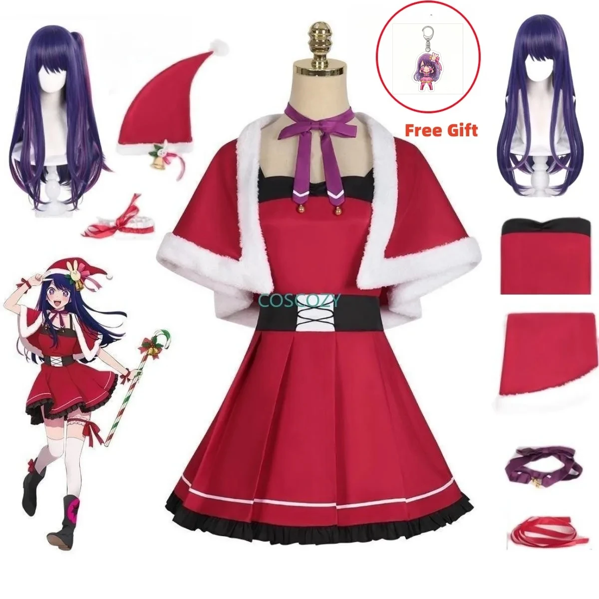 

Oshi No Ko Ai Hoshino Christmas Cosplay Costume Lolita Red Dress Xmas Costume For Woman Role Play Party Anime Hat Legwear Outfit