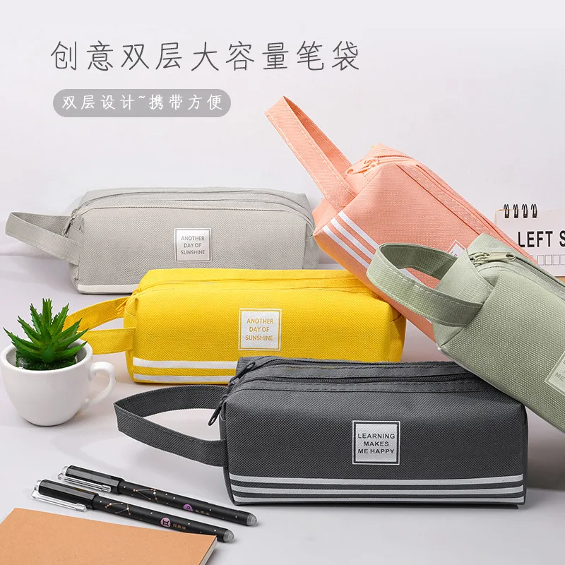 

Portable Canvas Pencil Bags for Girls and Boys Double Decker Pencil Boxes Student Pen Case Stationery School Supplies