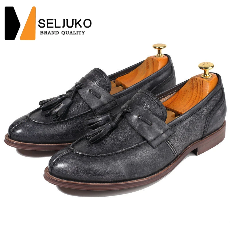 

Мужские кожаные туфли ручной работы, лоферы в британском стиле ретро, заостренный носок, бахрома, Повседневная модная обувь