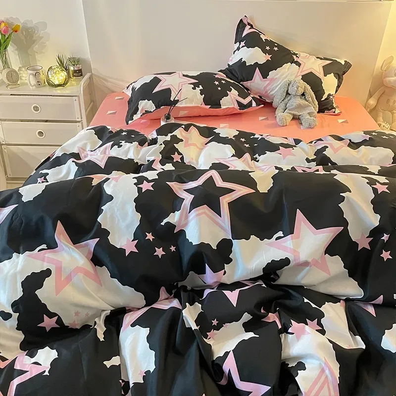 

Black Bedding Set Boys Girls Soft Duvet Cover No Filling Flat Sheet Pillowcases Cartoon Plaid Single Double Size Bedspread