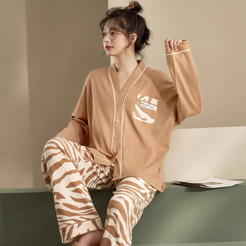 Yasuk Spring Autuum Fashion Women's Casual Print Pocket Sleepwear Homewear Lovely Pajamas Set With Pants Soft Cotton Leopard