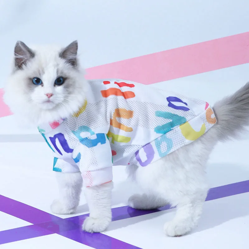 

Mesh Cat Clothes Anti-hair Loss Letter Cat Vest Ragdoll Cats British Shorthair Puppet kitten Pet Spring summer cat thin clothing