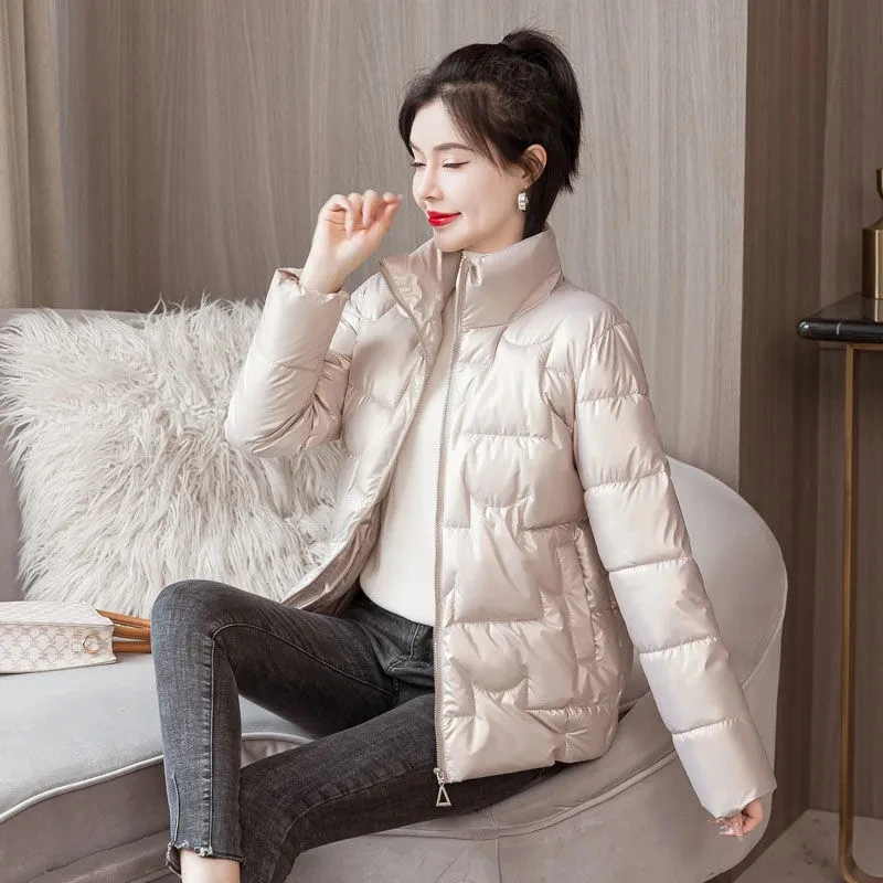 Cotton Padded Thicken Warm Short Parkas Korean Slim Long Sleeve Women Jacket Elegant Solid Stand Collar Pockets Winter Coat