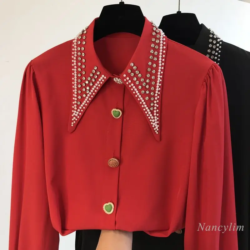 

Elegant Ladies Blouses 2022 Spring New Exquisite Rhinestone White Chiffon Shirt Fermale Long-Sleeved Basic Tops Green Blusas