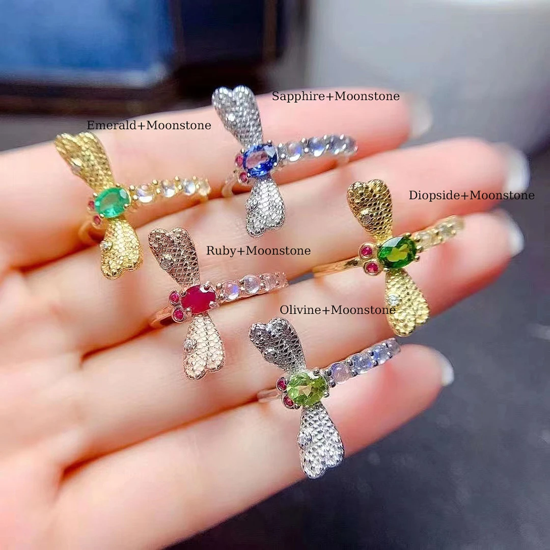 

FS Natural Ruby/Emerald/Sapphire Dragonfly Moonstone Ring S925 Sterling Silver Fashion Fine Charm Women Weddings Jewelry MeiBaPJ