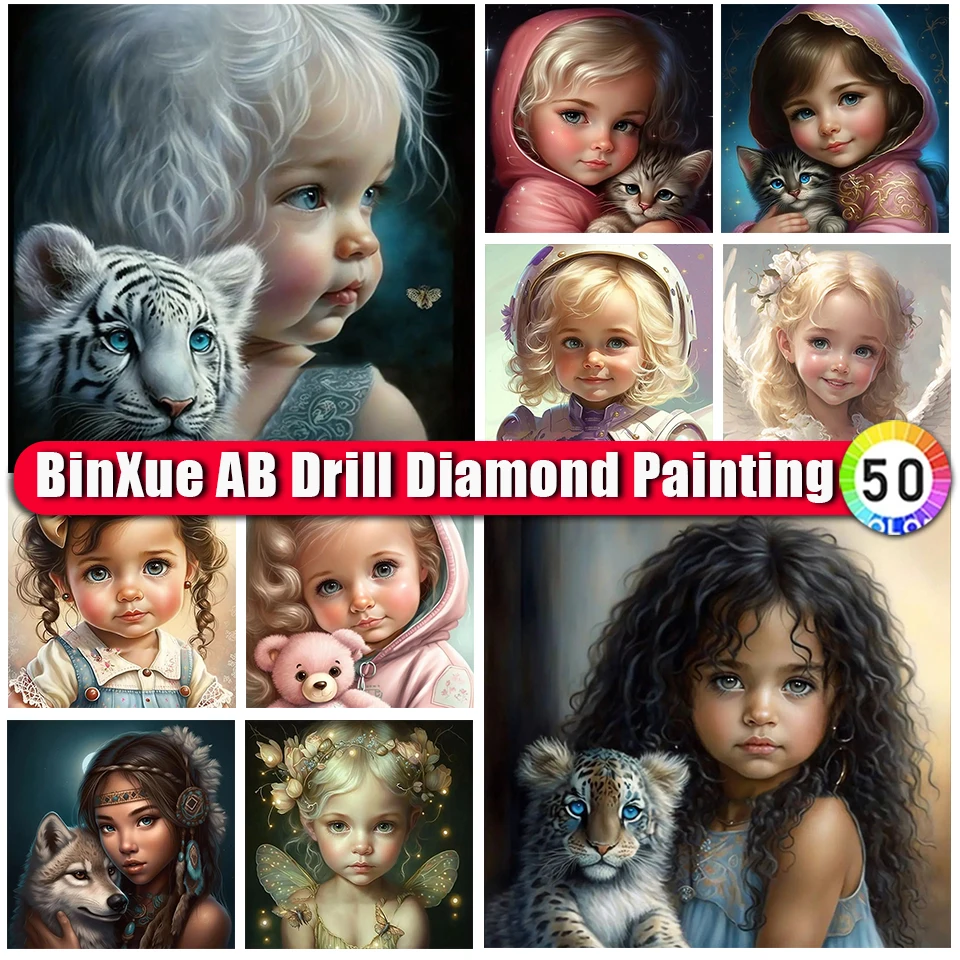 

Набор для алмазной живописи BinXue с мультяшной девочкой AB, животное, ребенок, вышивка крестиком, тигр, кот, ручная работа, сделай сам, мозаика, кукла, крылья ангела, художественный подарок