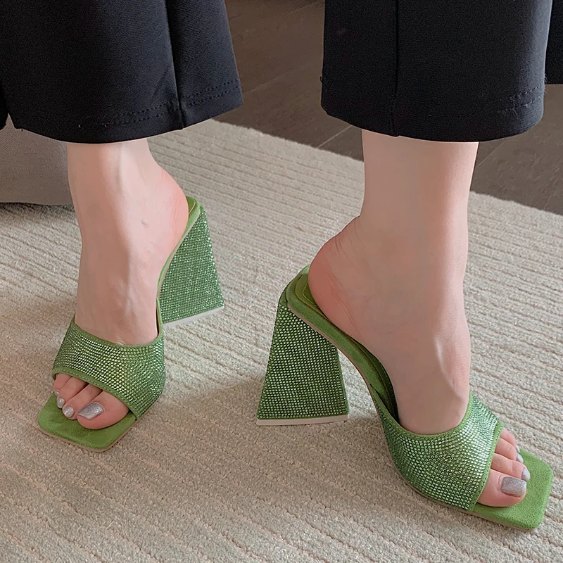 

Шлепанцы женские на высоком каблуке, повседневные босоножки со стразами, однотонная обувь, большие размеры, 2022