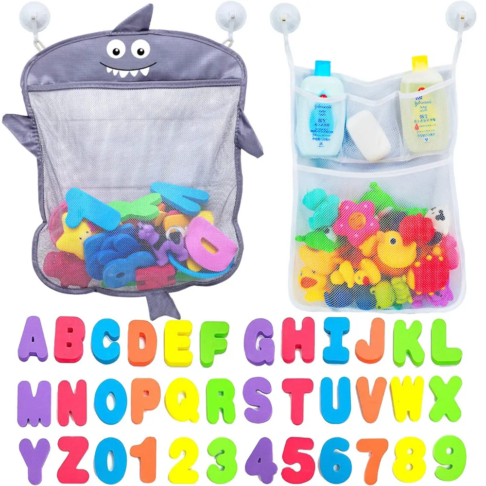 

Baby Bath Toys Cute Mesh Net Toy Storage Bag +36Pcs/set EVA Letter Stickers Toys Bathroom Organizer Water Toys For Kids