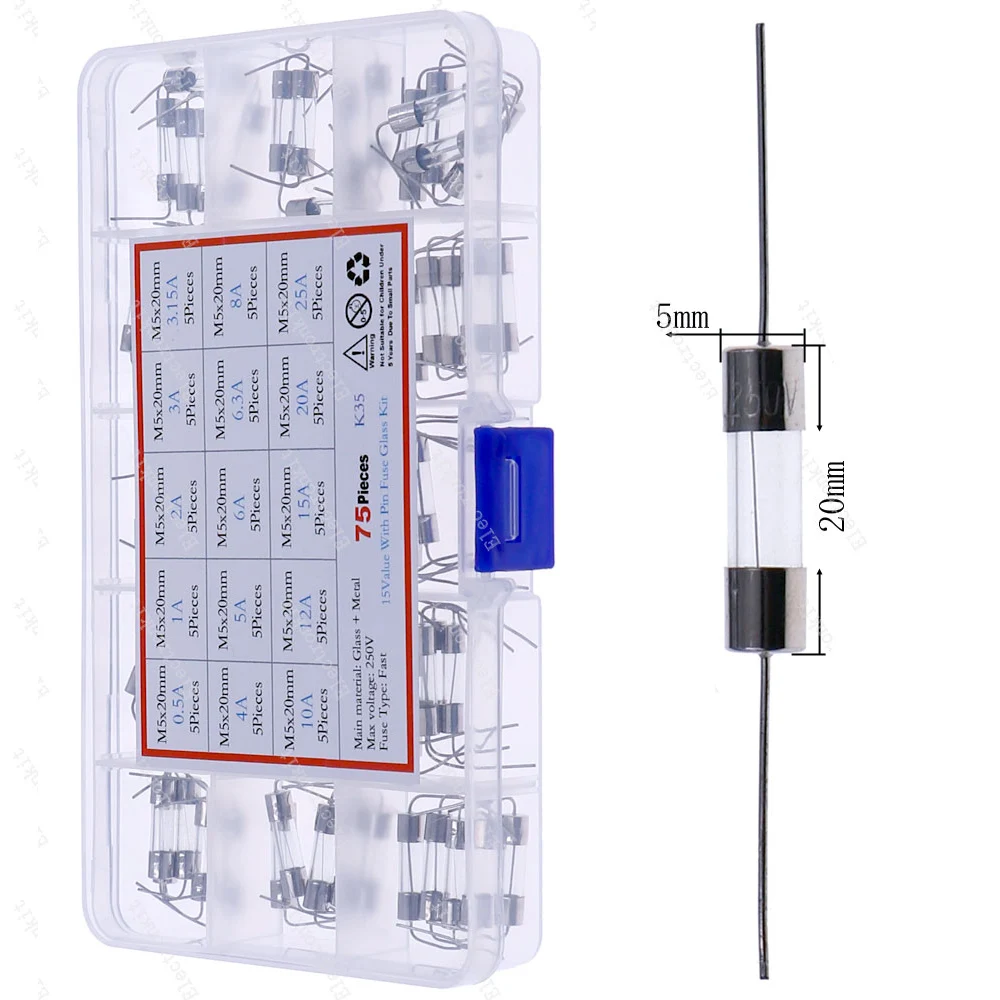 

Комплект предохранителей Onekit 75 шт., быстрый удар, стеклянные, 5x20 мм, 250 В
