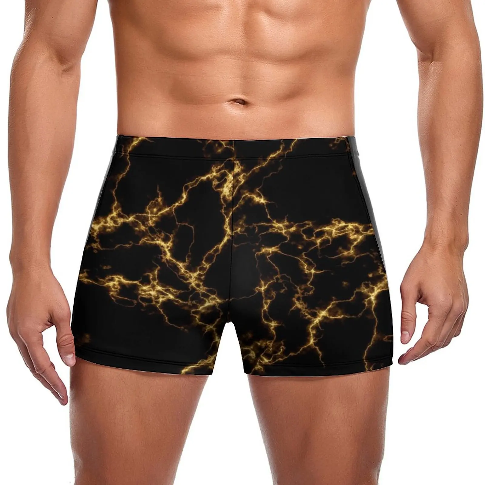 

Элегантные золотистые мраморные плавки, крутые черные, золотистые великолепные мраморные пляжные шорты для плавания на заказ, прочный мужской купальник